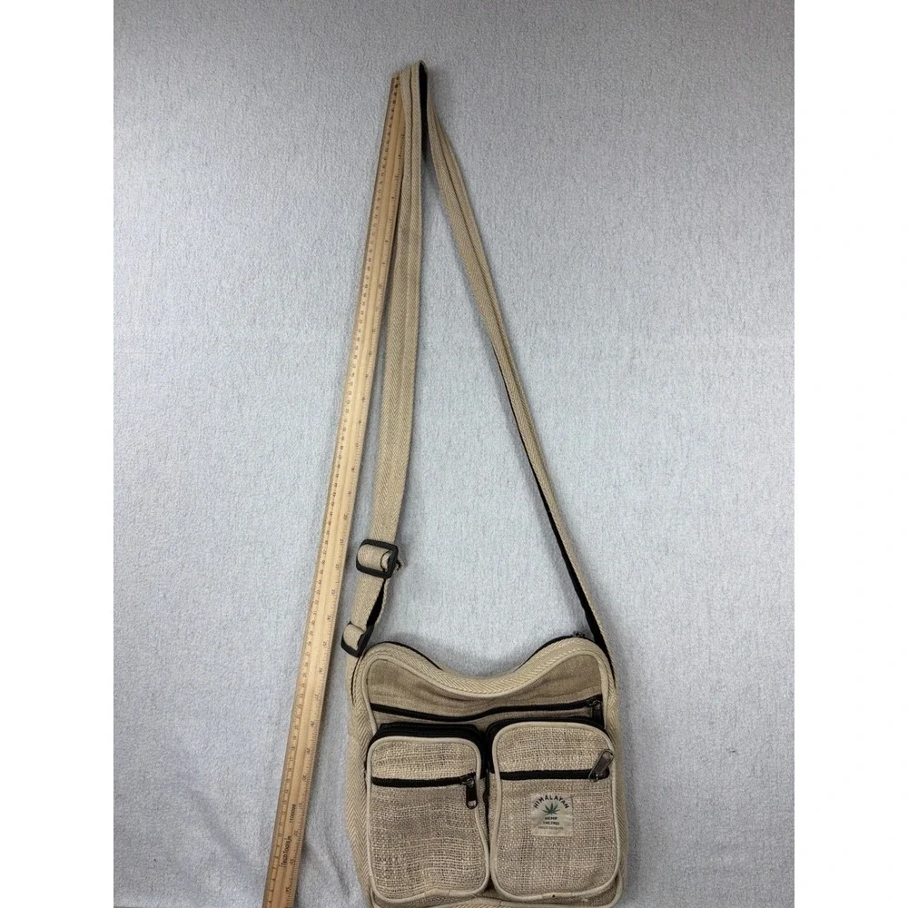 Himalayan Hemp Crossbody Messenger Bag Tan Cream Woven Boho Nepal Travel Pouch